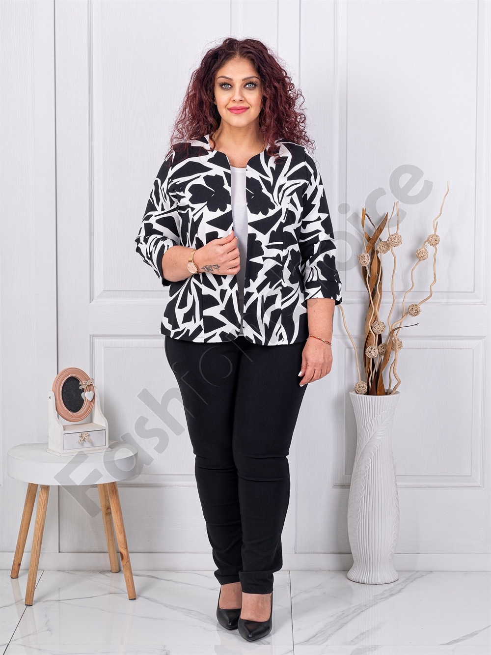 Blazer maxi elegant cu imprimeu negru/alb cod 1439-13