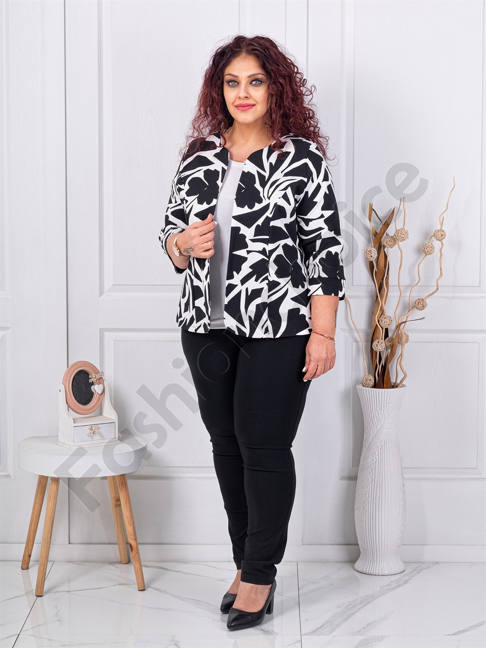 Blazer maxi elegant cu imprimeu negru/alb cod 1439-13