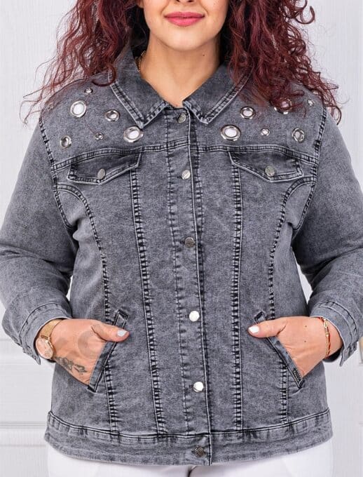 Geaca maxi din denim elastic cu capse decorativi-grafit cod 9229-2