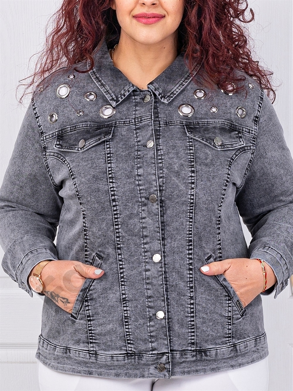 Geaca maxi din denim elastic cu capse decorativi-grafit cod 9229-2