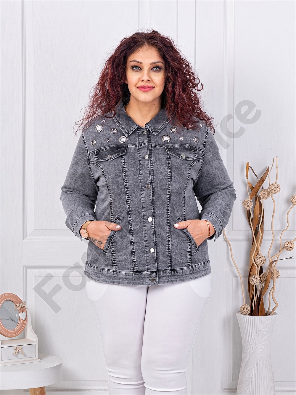 Geaca maxi din denim elastic cu capse decorativi-grafit cod 9229-2