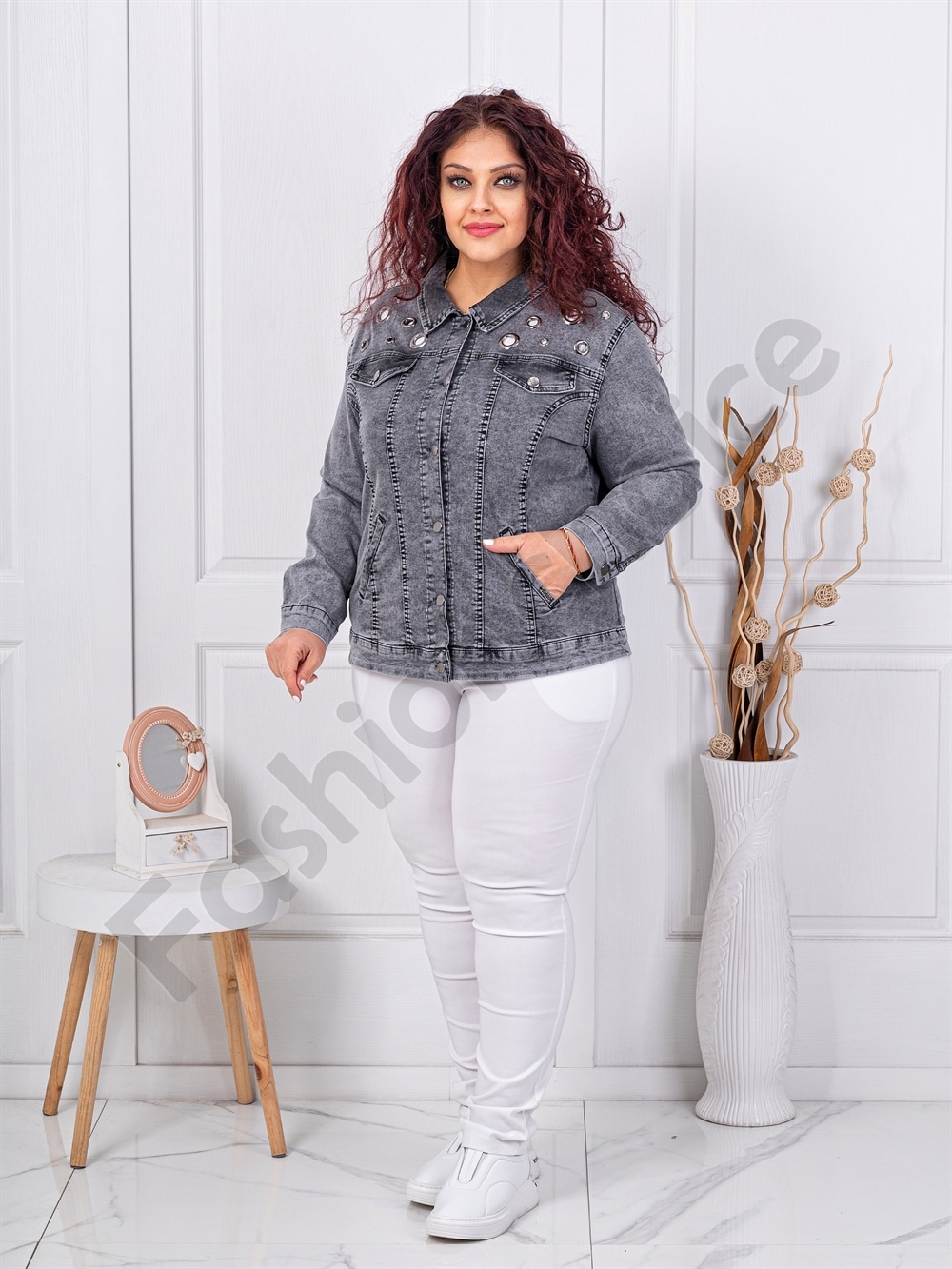 Geaca maxi din denim elastic cu capse decorativi-grafit cod 9229-2