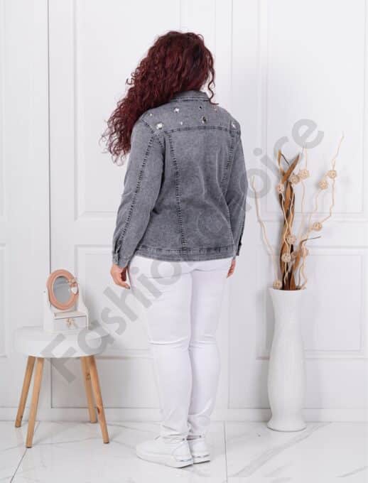 Geaca maxi din denim elastic cu capse decorativi-grafit cod 9229-2