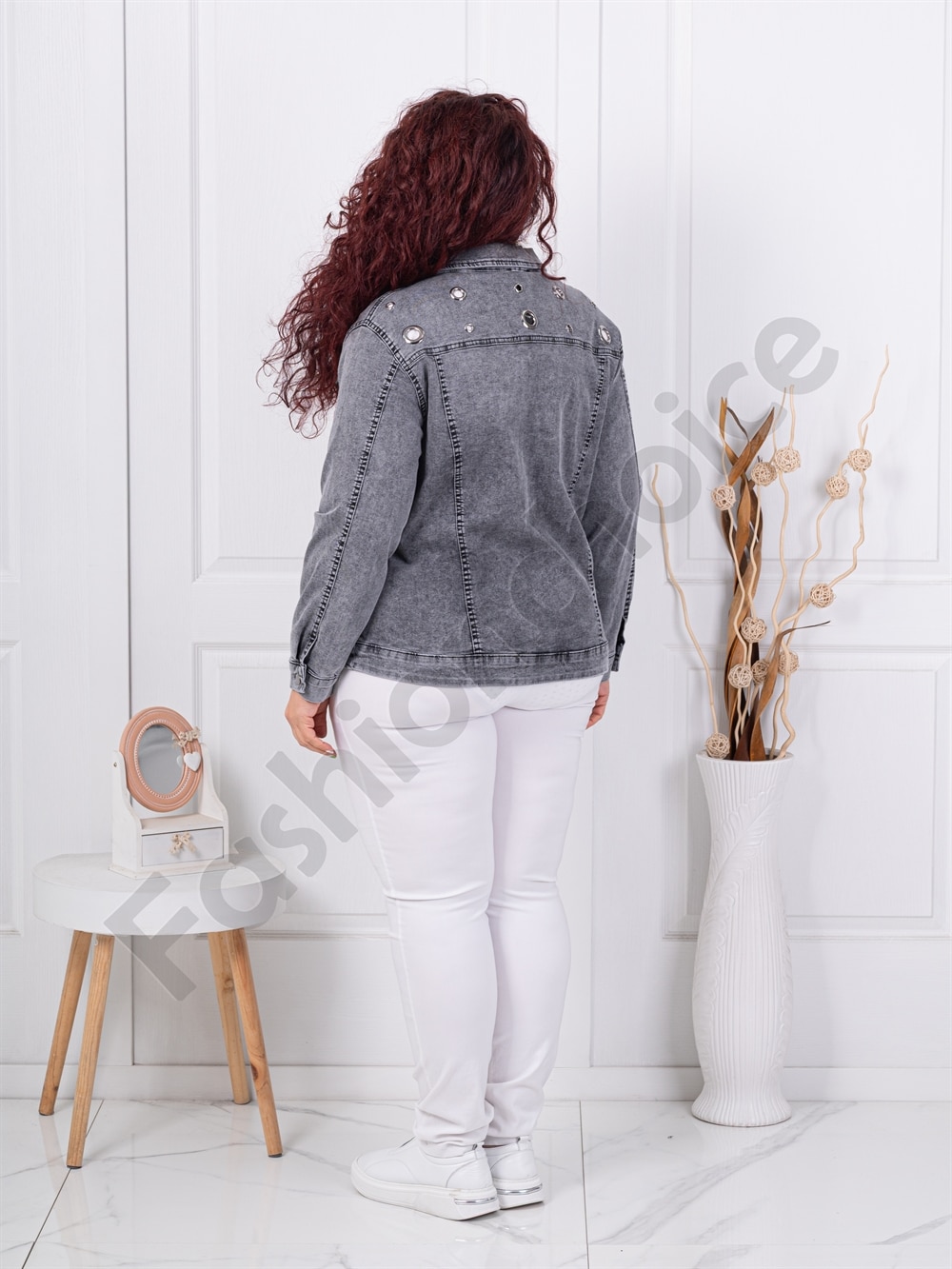 Geaca maxi din denim elastic cu capse decorativi-grafit cod 9229-2