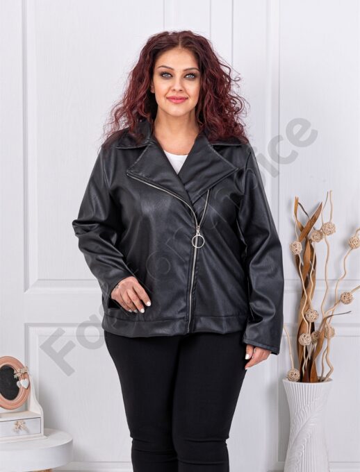 Geaca maxi din piele cu inchidere asimetric-negru cod 2736