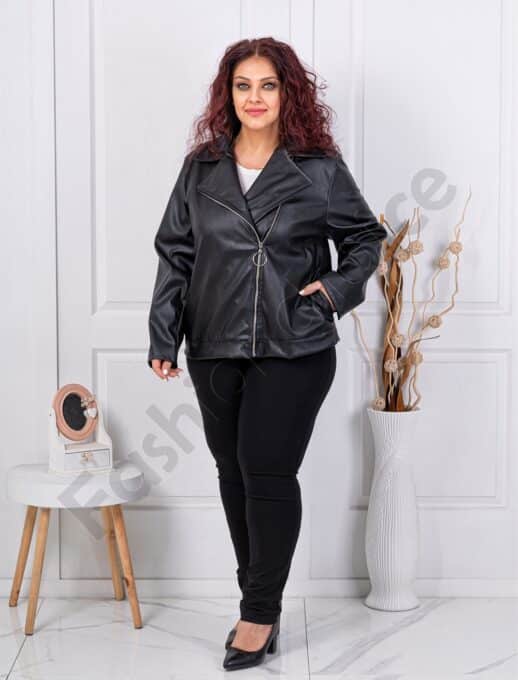 Geaca maxi din piele cu inchidere asimetric-negru cod 2736