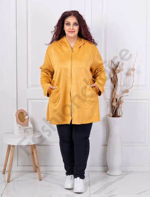 Jacheta maxi in clos din velur cu gluga-mustar cod 3833-1
