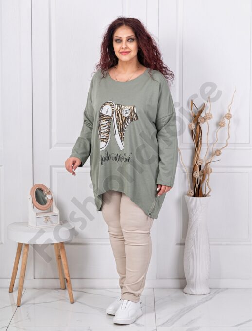 Tunica maxi asimetrica cu fermoare in parti si aplicatie-kaki cod 10469