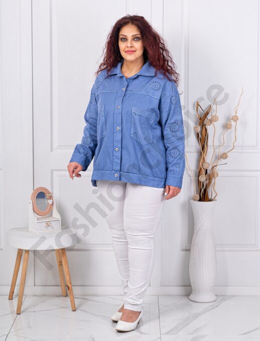 Geaca maxi tip camasa din denim subtire cu broderie englezeasca-parlament cod 5108-2