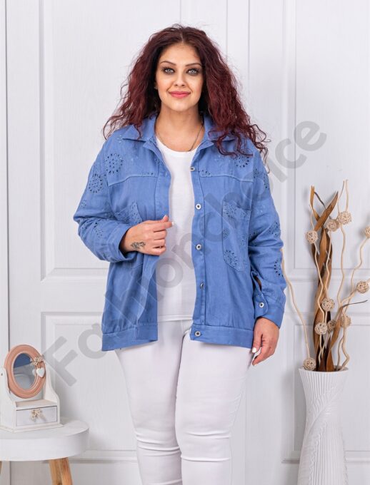 Geaca maxi tip camasa din denim subtire cu broderie englezeasca-parlament cod 5108-2