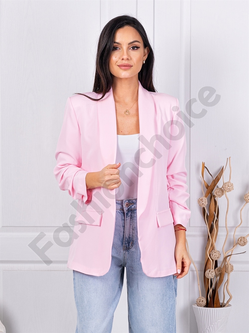 Blazer de dama cu maneci suflecate-roz deschis cod 10207-11
