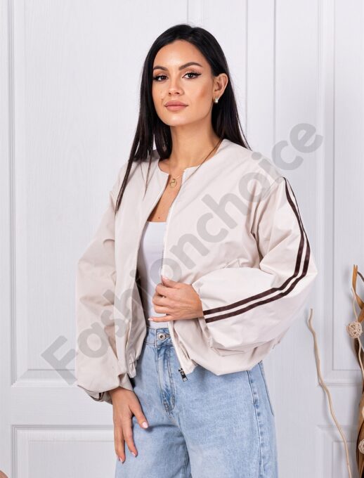 Geaca de dama bomber cu banda contrastanta-capucino cod 9355-1