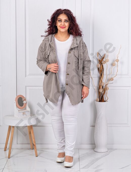 Jacheta maxi din denim cu aplicatie si gluga-moca cod 11574