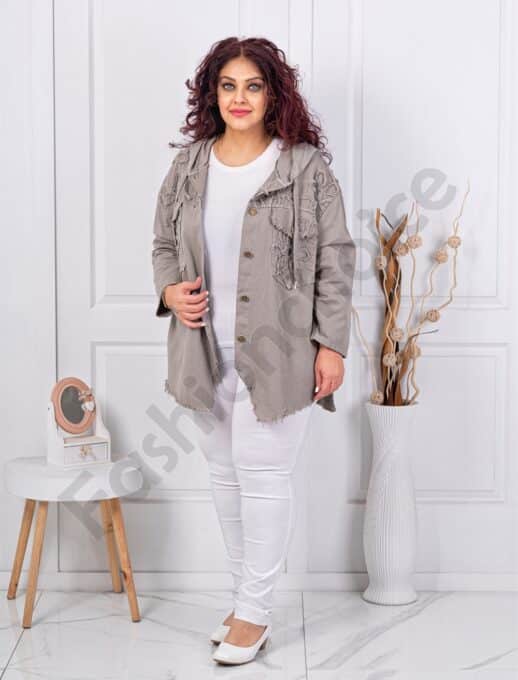Jacheta maxi din denim cu aplicatie si gluga-moca cod 11574