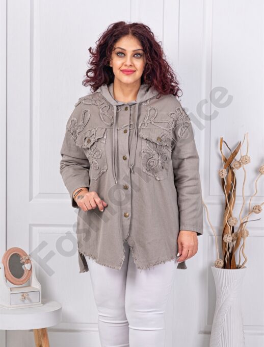 Jacheta maxi din denim cu aplicatie si gluga-moca cod 11574