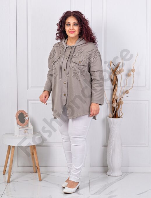Jacheta maxi din denim cu aplicatie si gluga-moca cod 11574