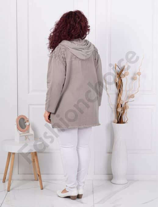 Jacheta maxi din denim cu aplicatie si gluga-moca cod 11574