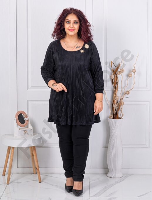 Tunica maxi eleganta din material in relief cu brosi-negru cod 1481