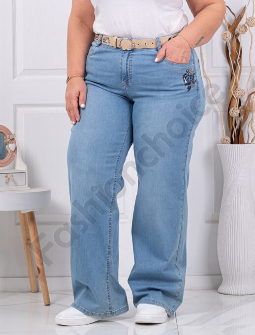 Blugi maxi cu broderie si pietricele-albastru deschis cod 7613