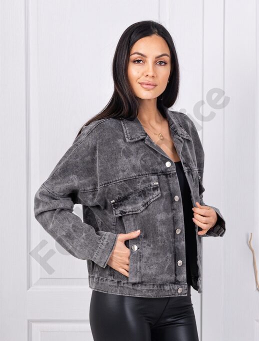 Geaca de dama din denim si emblema metalica-gri cod G7673