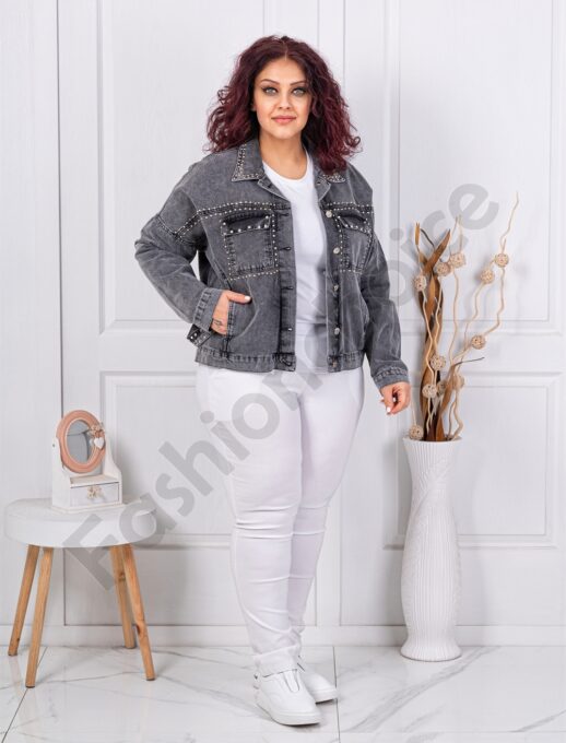 Geaca maxi din denim cu decoratie din capse si pietricele-gri cod D7643