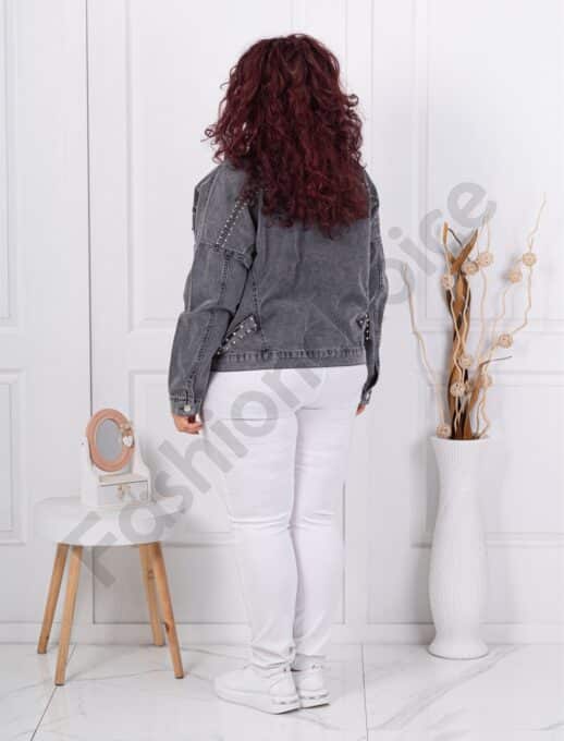 Geaca maxi din denim cu decoratie din capse si pietricele-gri cod D7643