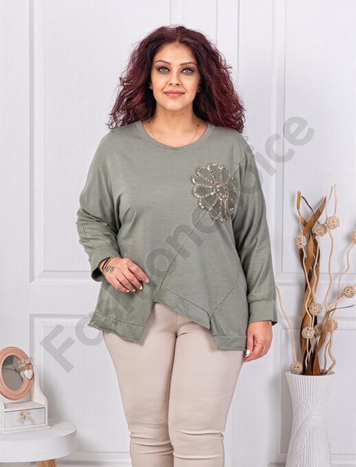Tunica maxi cu design asimetric si aplicatie cu paiete-kaki cod 261239-1