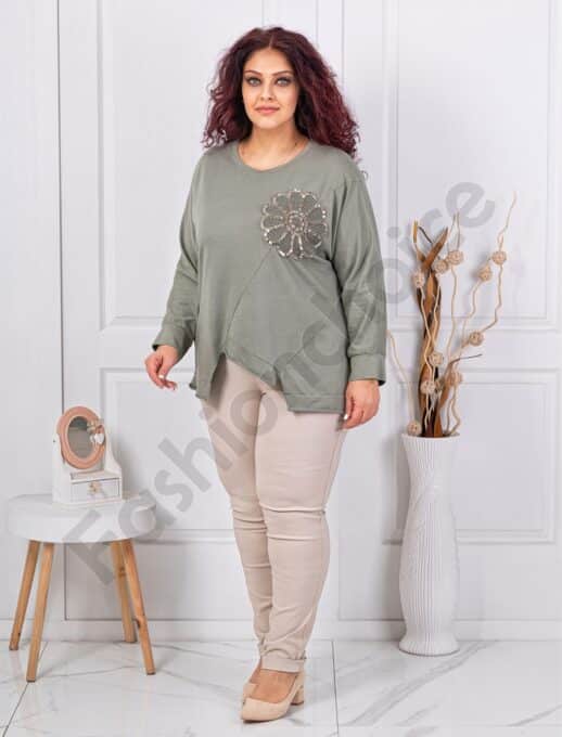 Tunica maxi cu design asimetric si aplicatie cu paiete-kaki cod 261239-1