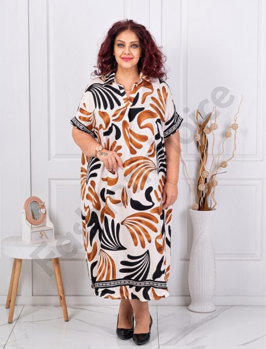 Rochie maxi pentru vara cu guler si motive multicolor-negru/ciocolata cod 8750