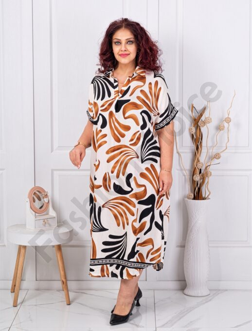 Rochie maxi pentru vara cu guler si motive multicolor-negru/ciocolata cod 8750