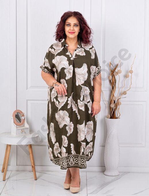 Rochie maxi pentru vara cu guler si imprimeu floral-kaki cod 8758-2