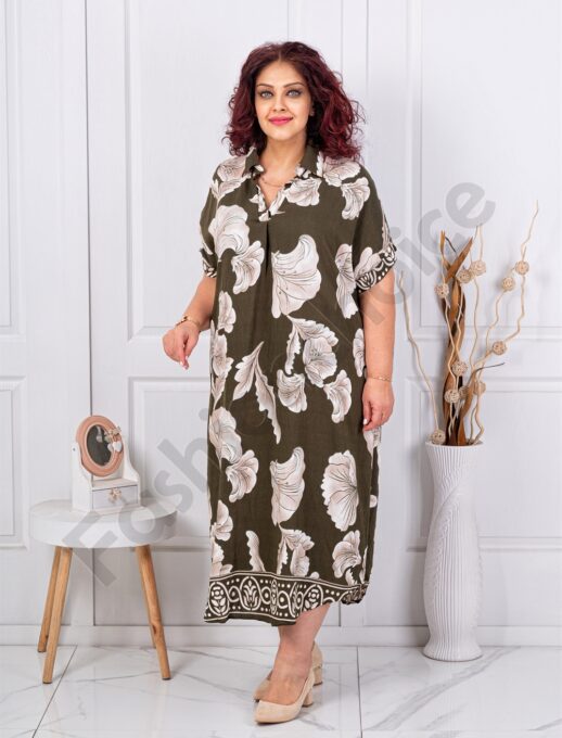 Rochie maxi pentru vara cu guler si imprimeu floral-kaki cod 8758-2
