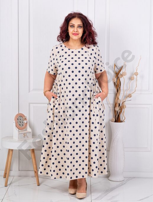 Rochie maxi pentru vara imprimeu buline si panglici cocheti-capucino/albastru cod 3131-2