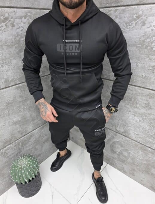 Compleu pentru barbati cu hanorac hoodie si imprimeu-negru cod 6152