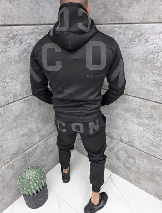 Compleu pentru barbati cu hanorac hoodie si imprimeu-negru cod 6152