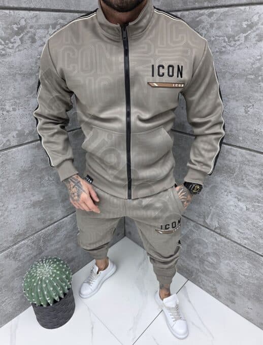 Compleu sport pentru barbati cu banda contrastanta si broderie-moca cod 6138-1