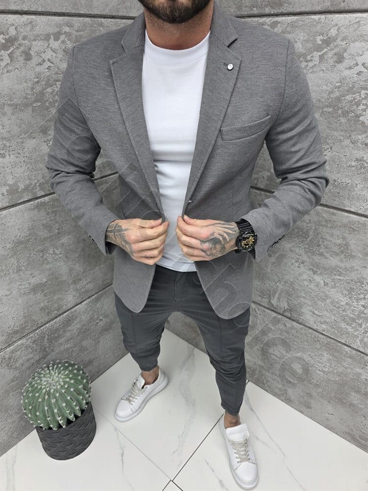Sacou sport-elegant pentru barbati cu rever dublu-gri cod 26813-1
