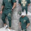 Compleu pentru barbati cu maneca scurta si imprimeu cruce-verde masliniu cod 1273-7