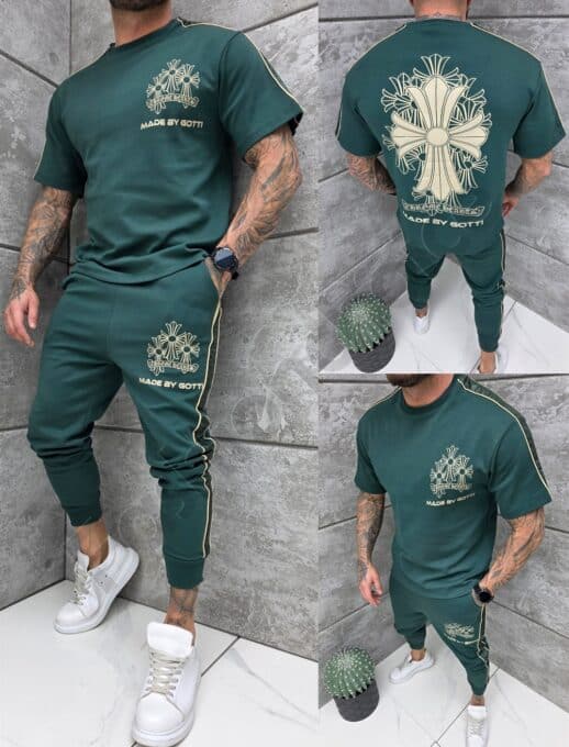 Compleu pentru barbati cu maneca scurta si imprimeu cruce-verde masliniu cod 1273-7