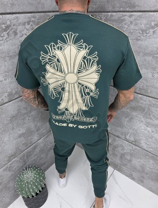 Compleu pentru barbati cu maneca scurta si imprimeu cruce-verde masliniu cod 1273-7