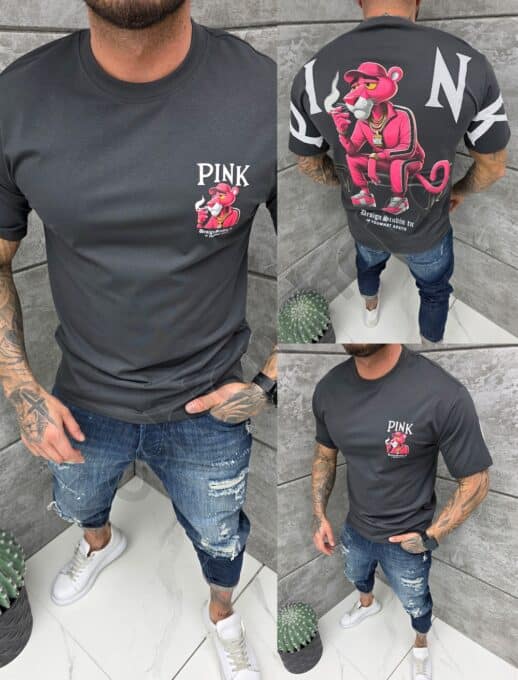 Tricou barbati cu imprimeu in fata si spate Pink Panther-grafit cod 1967-1