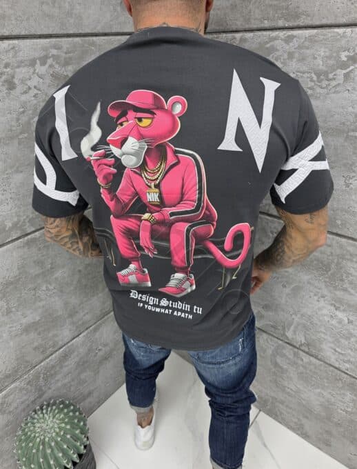 Tricou barbati cu imprimeu in fata si spate Pink Panther-grafit cod 1967-1