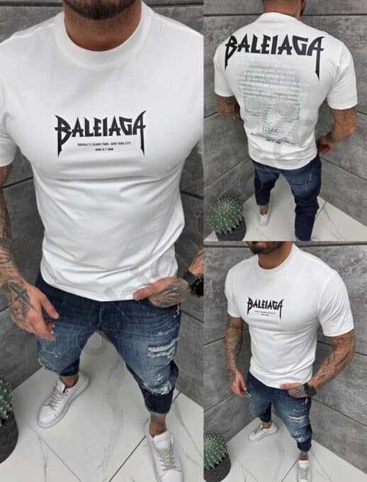 Tricou barbati cu inscris in fata si imprimeu pe spate-alb cod 6587-1