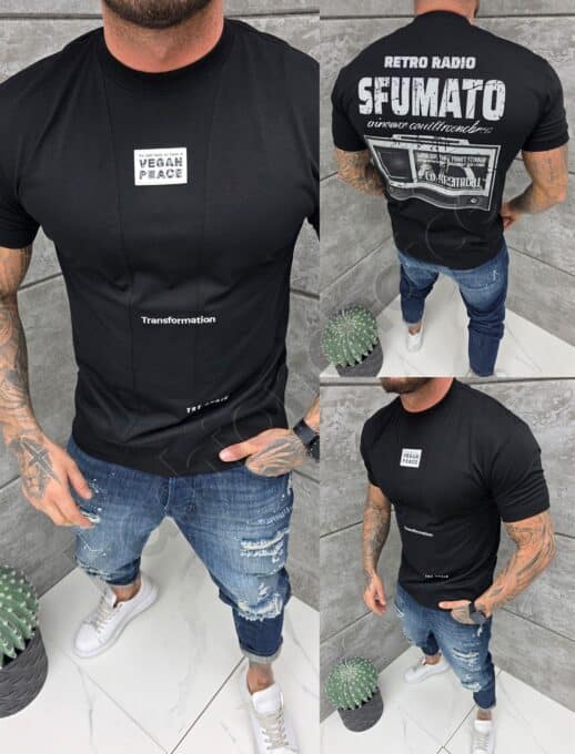 Tricou barbati cu inscriptii brodate si imprimeu pe spate-negru cod 1721