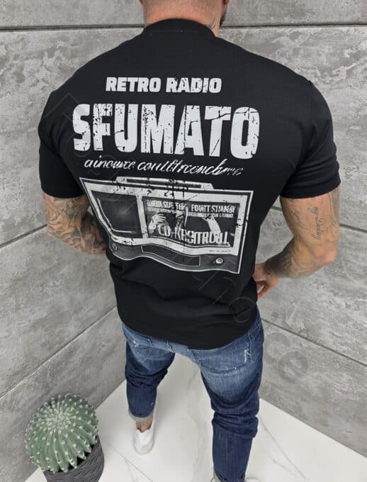 Tricou barbati cu inscriptii brodate si imprimeu pe spate-negru cod 1721