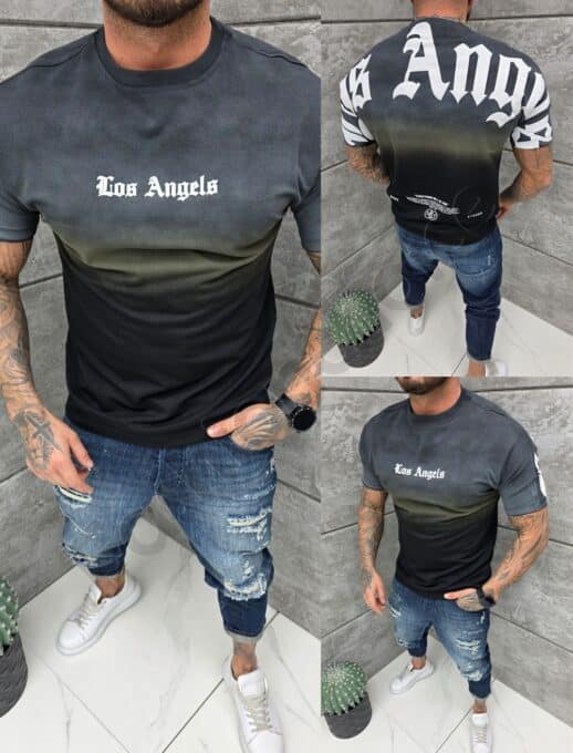 Tricou barbati Oversize cu imprimeu in degrade si inscris Los Angels-negru cod 2575