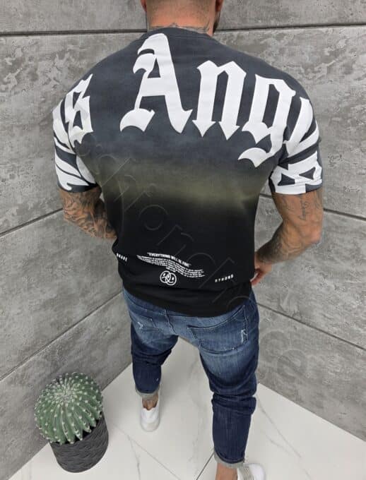 Tricou barbati Oversize cu imprimeu in degrade si inscris Los Angels-negru cod 2575