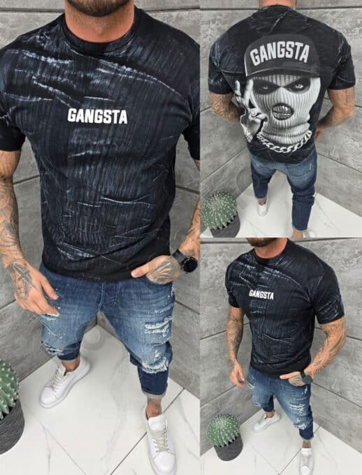 Tricou barbati Oversize cu inscris Gangsta-negru cod 2533