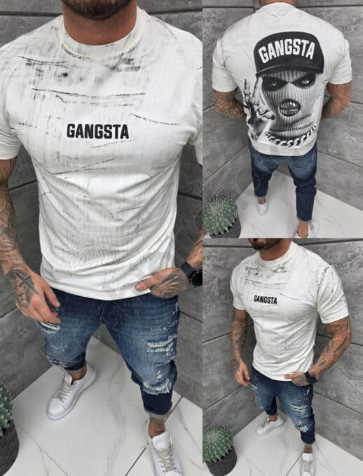 Tricou barbati Oversize cu inscris Gangsta-ecru cod 2533-1