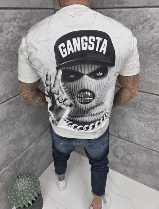 Tricou barbati Oversize cu inscris Gangsta-ecru cod 2533-1